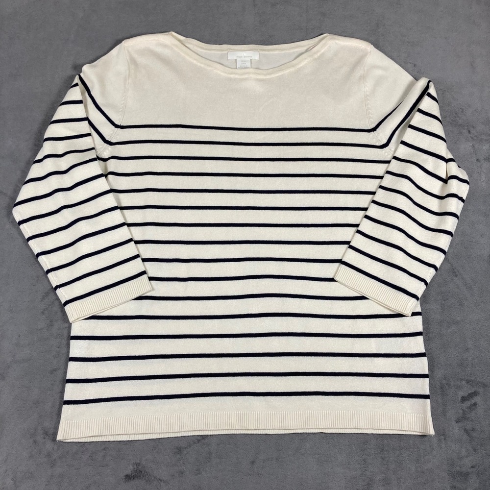 HM Basics Womens Ivory Navy Blue Striped Boat Neck 3/4 Sleeve Sweater Size M